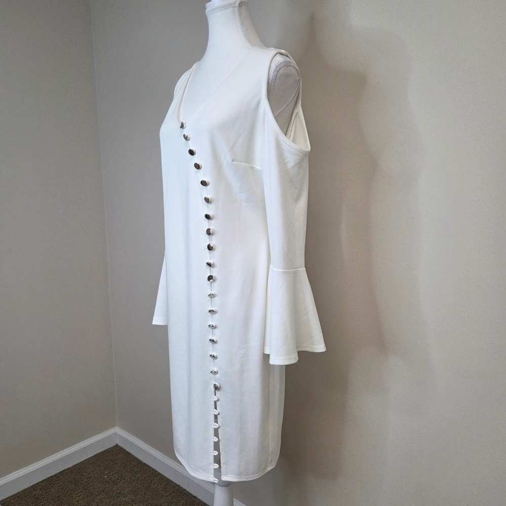 Venus White Cold Shoulder Bell Sleeve Button Detail Sheath Dress Large - Picture 3 of 8